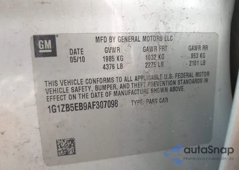 2010 Chevrolet Malibu from USA, damaged, VIN 1G1ZB5EB9AF307098